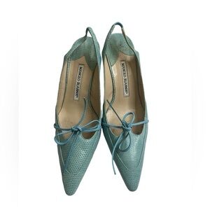 MANOLO BLAHNIK Reptile Skin Leather SHOES Slingbacks Heels Pump blue size 37